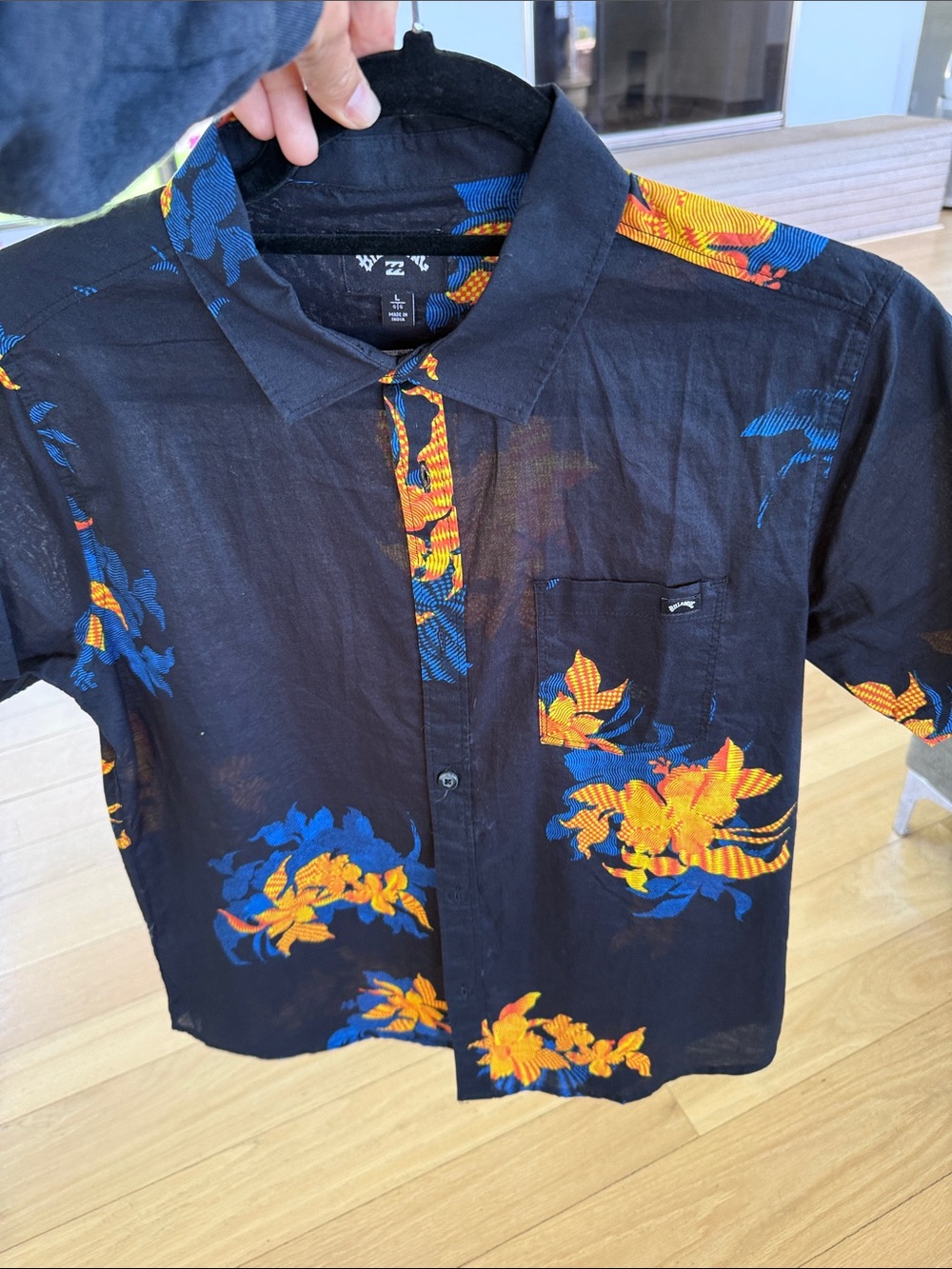 Billabong Black Short-Sleeve Button Down with Yellow and Blue Floral Print